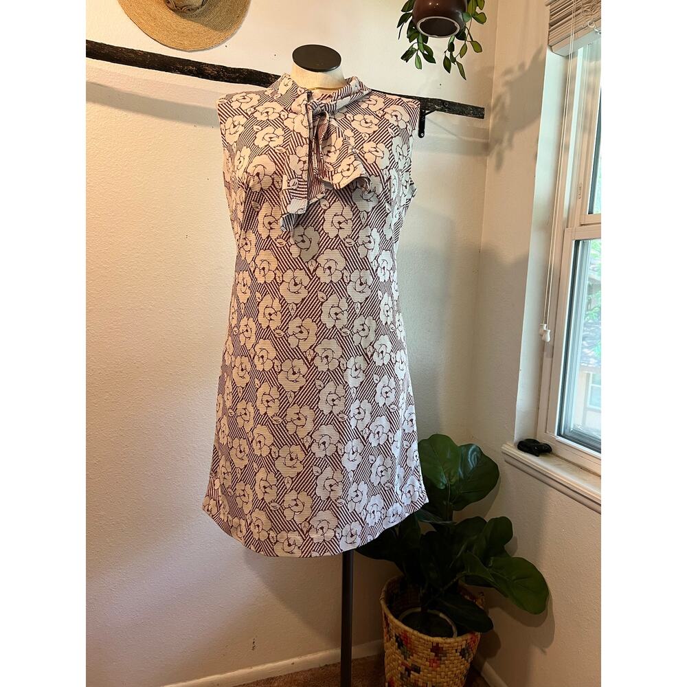 Vintage 1970s Rose Floral Sleeveless Tie Collar Knee Length Dress Size Large